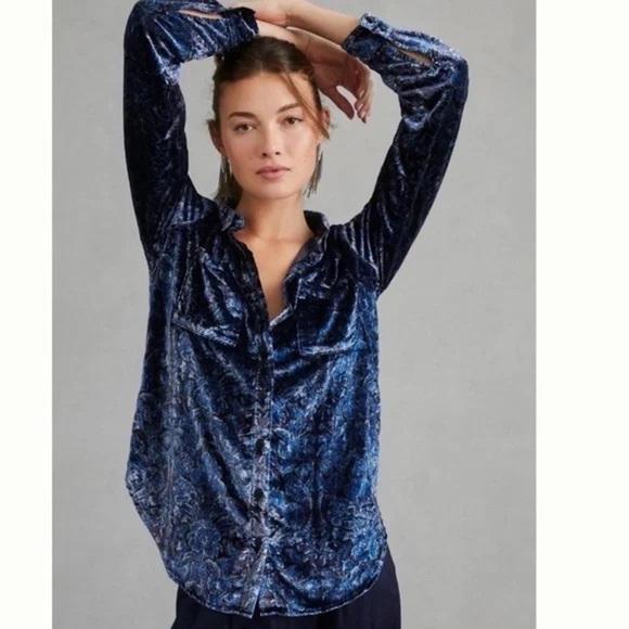 Pilcro Anthropologie Mara Relaxed Velour Button Down Shirt - Picture 3 of 13